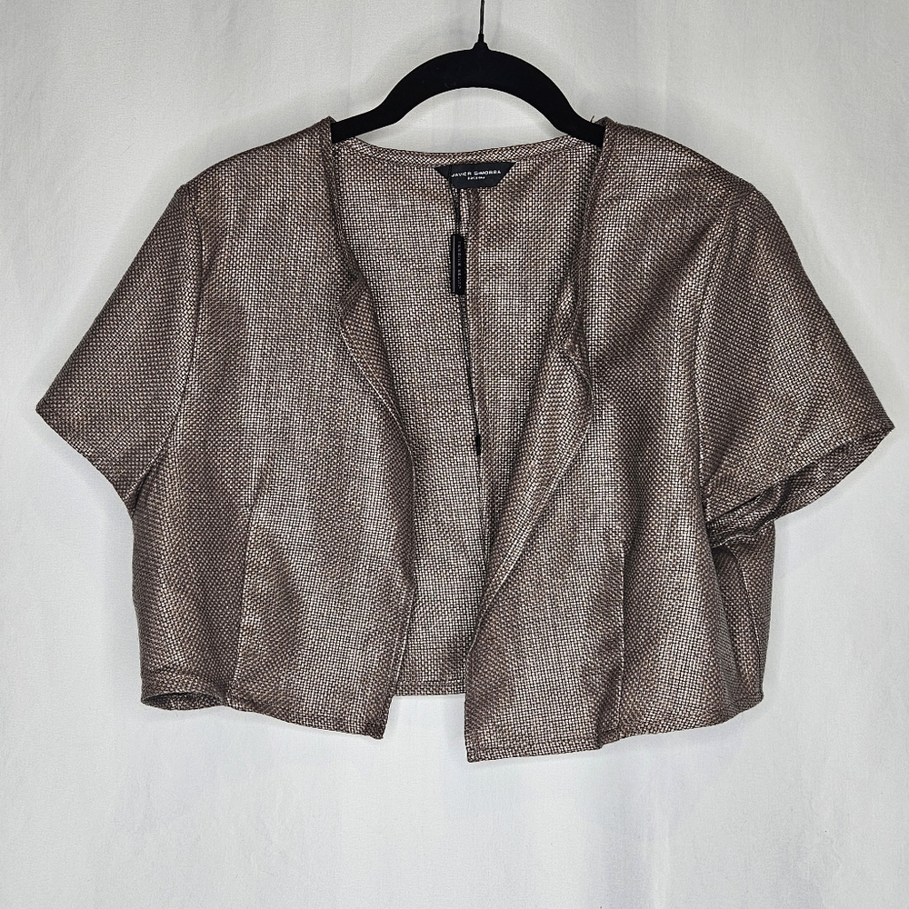 Javier Simorra Brown Basketweave Short Sleeve Bolero Jacket Size 10 NWOT